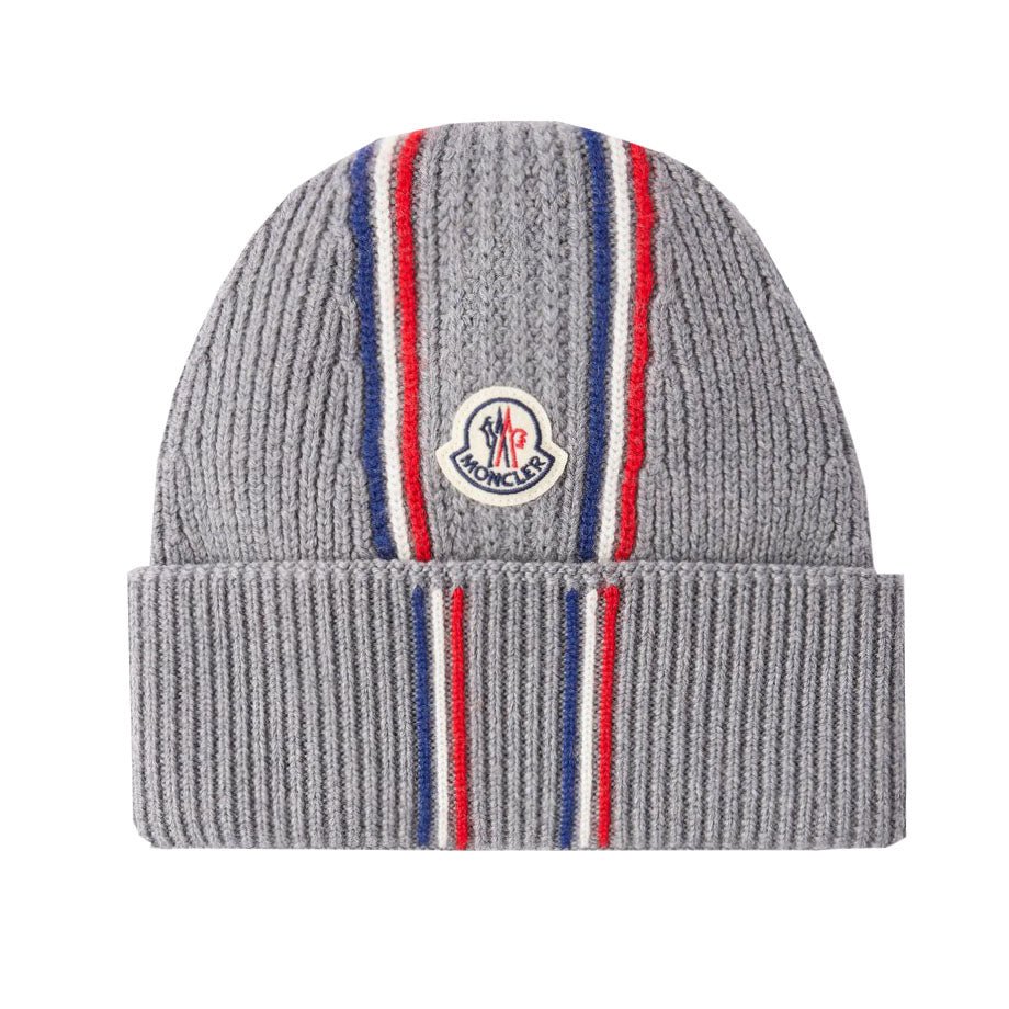 Moncler Stripe Logo Wool Beanie Grey - chancefashionco