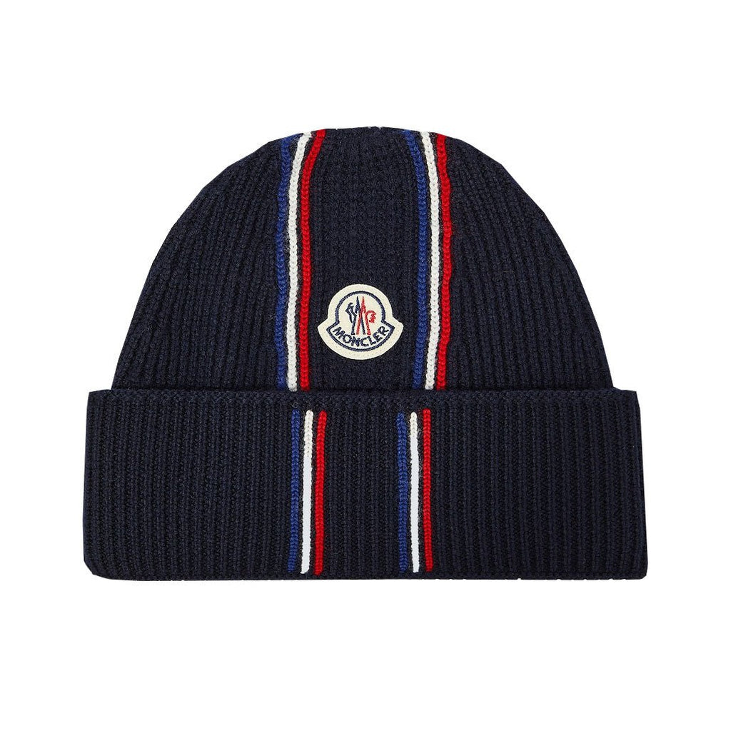 Moncler Stripe Logo Wool Beanie Navy - chancefashionco